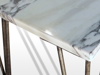 Tablet basse en marbre blanc Arabescato sur pied tête d'épingle en acier oxydé et verni.