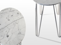 Selma: table basse en marbre blanc Calacatta

Pied tête d'épingle (hairpin legs) en acier chromé 